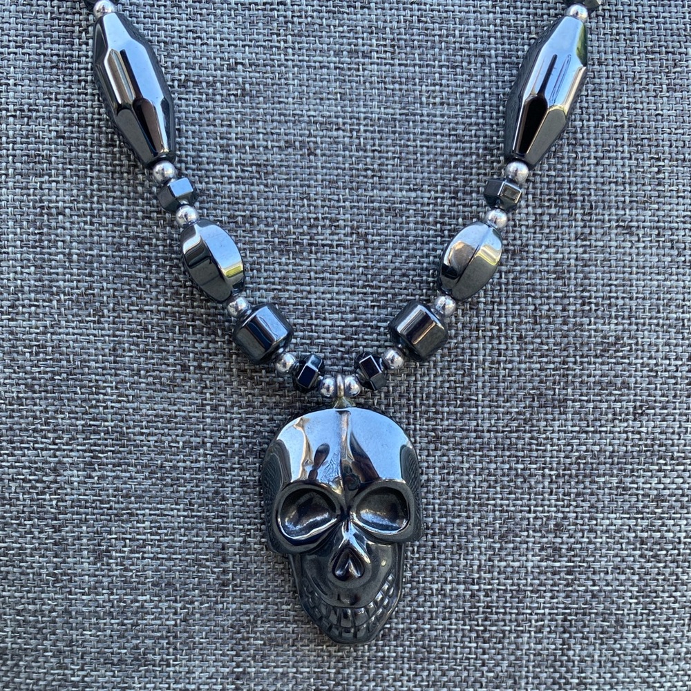 Hematite Beaded Skull Necklace
